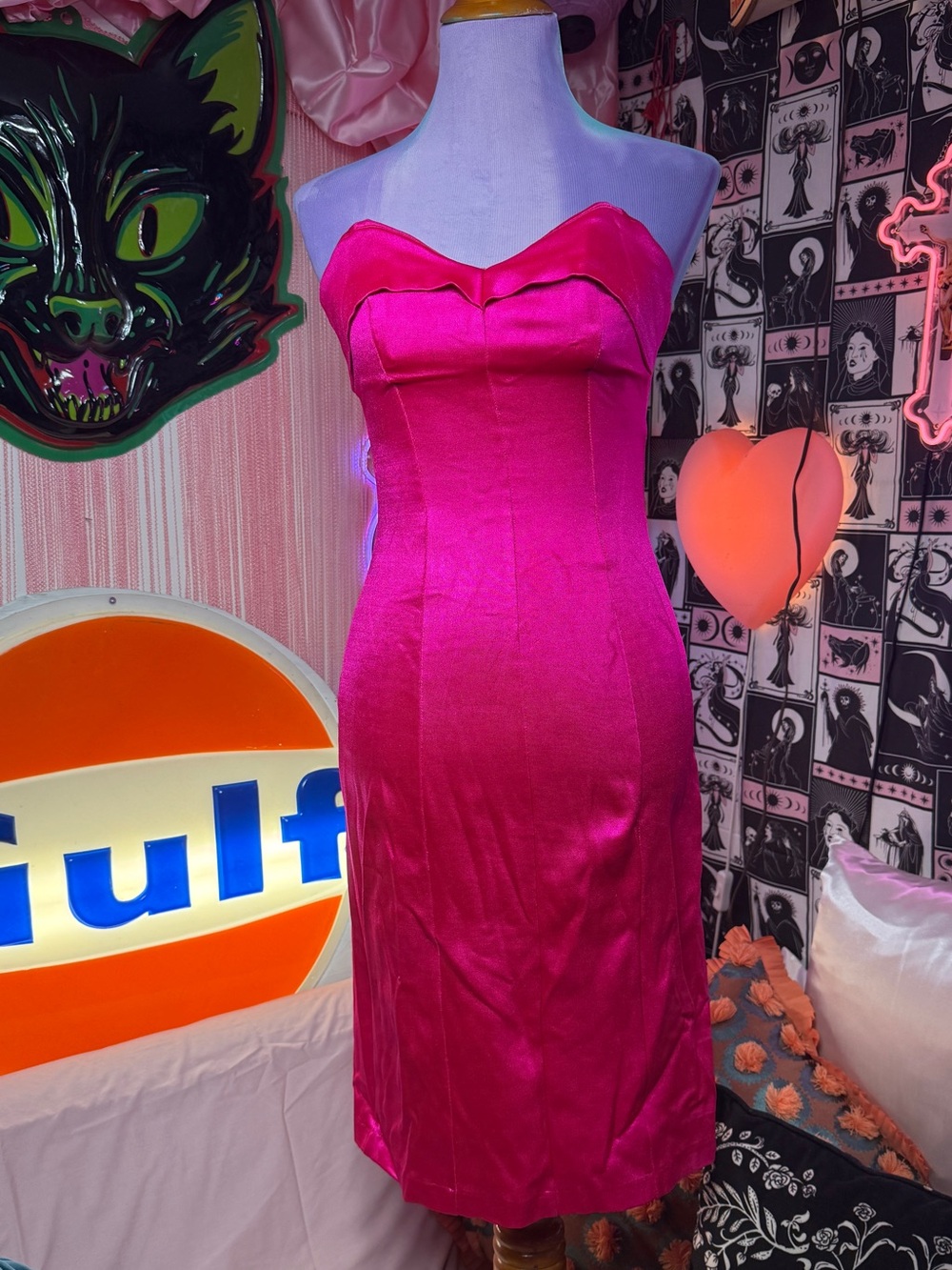 Vintage Betsey Johnson Punk Label Hot Pink Satin Strapless Dress w/ Boning Sz S